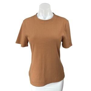 Rosie M&S Brown Ribbed Knit Short Sleeve Crew Neck Knit T Shirt Tee Top Size L